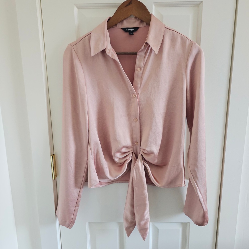 Express Womens XS Blush Pink Satin Tie Front Button Down Long Sleeve Blouse Top